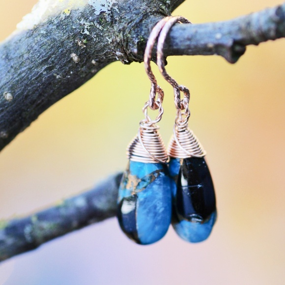 Natural Obsidian Copper Turquoise Earrings Handmade 14k Rose Gold Filled - Picture 5 of 12